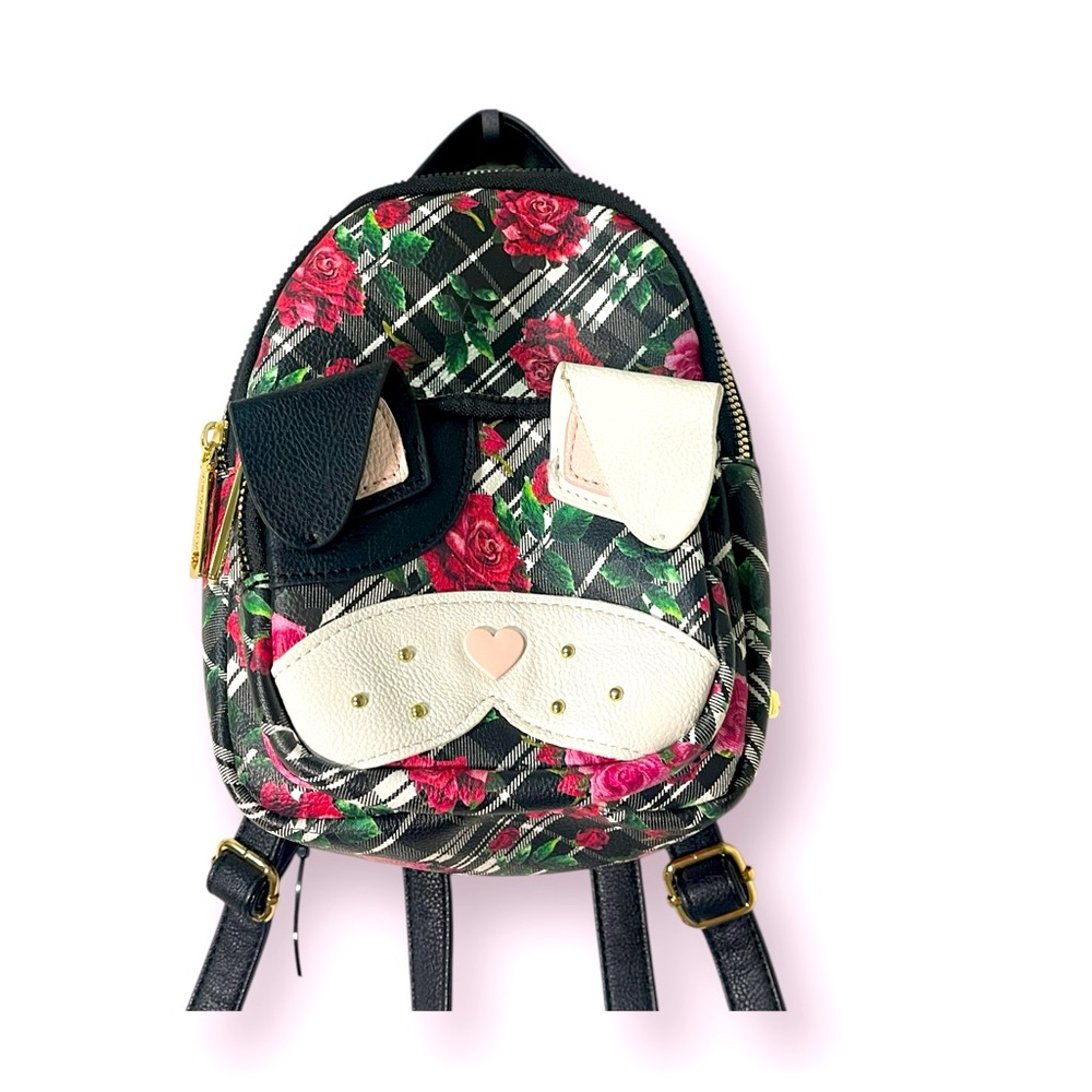 💙 BETSEY JOHNSON Mini Kitsch Backpack Black Floral Puppy Dog Bag NWOT